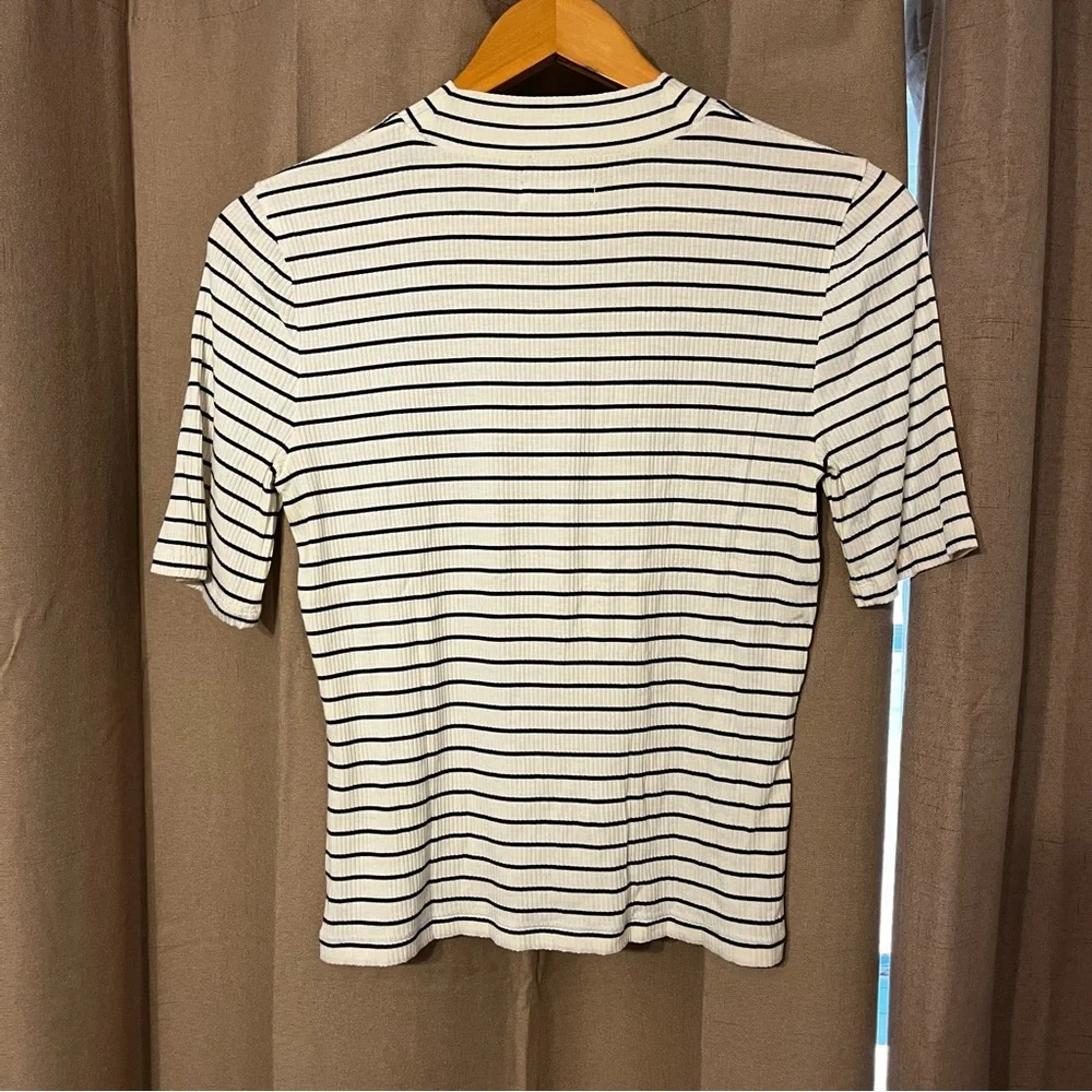 Madewell Striped Mockneck Ribbed Short Sleeve Top, Size Medium - Picture 2 of 8